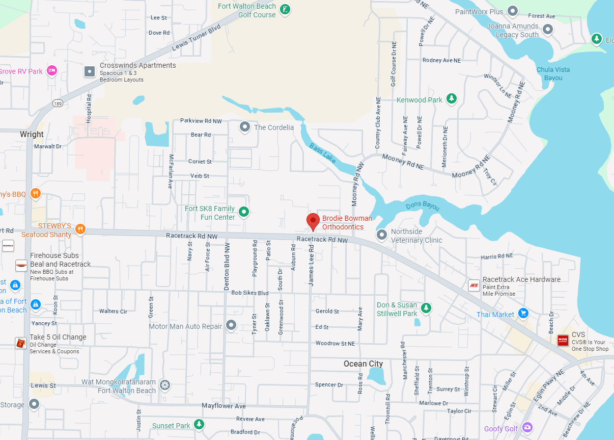 Map showing the Brodie Bowman Orthodontics office on Racetrack Road NW in Fort Walton Beach, FL