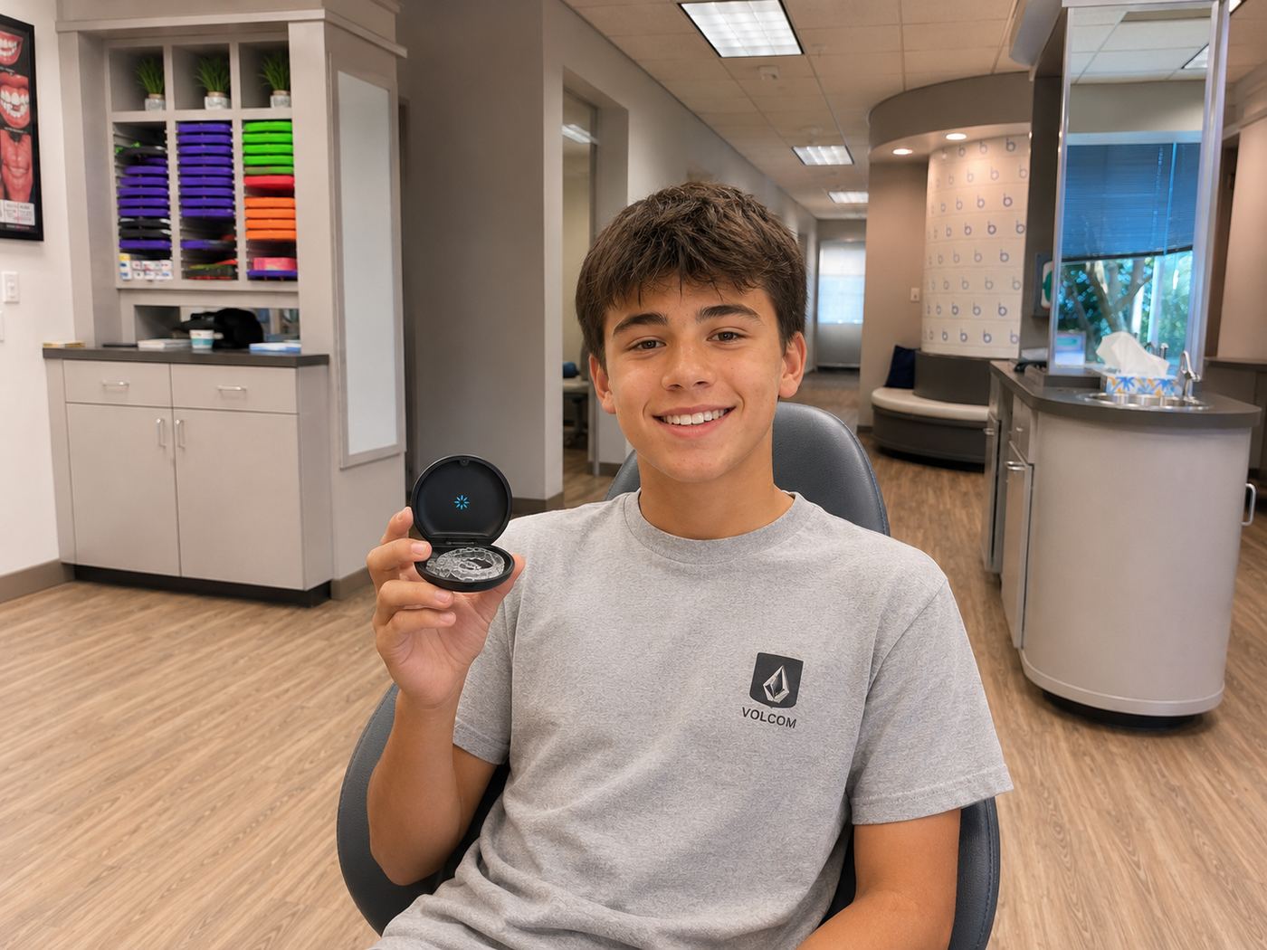 A teen holding his Invisalign aligner case at Brodie Bowman Orthodontics in Fort Walton Beach