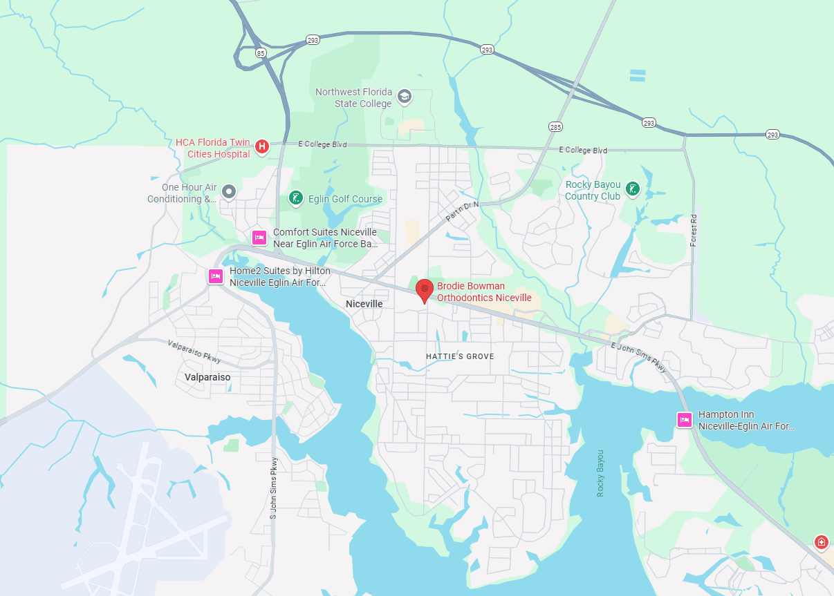 Map showing the Brodie Bowman Orthodontics office on N Palm Blvd in Niceville, FL