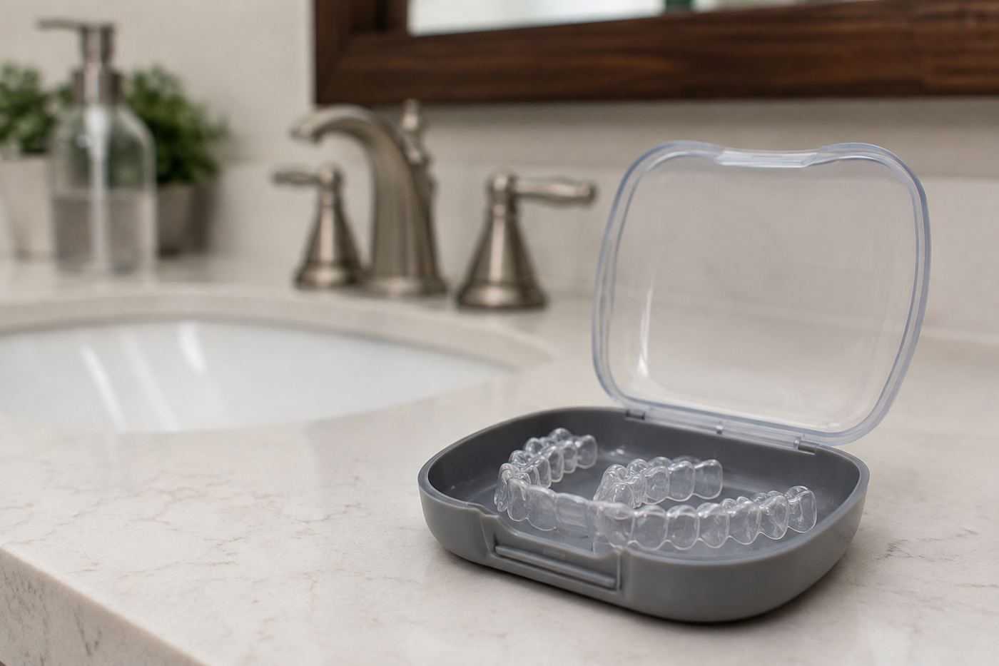 Clear retainers in their case on a bathroom counter
