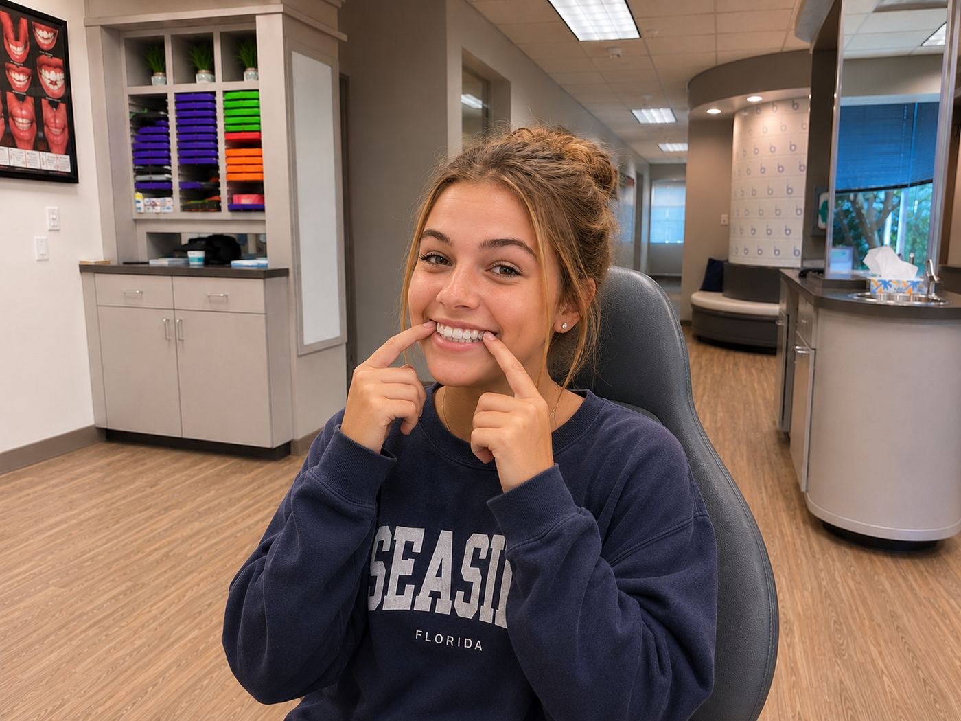 A teen showing off her smile with a clear retainer at Brodie Bowman Orthodontics